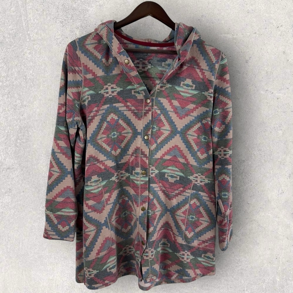 Cuddl Duds Comfortwear Knit Jacket XL Aztec Navajo Snap‎ Front Pockets Long Line